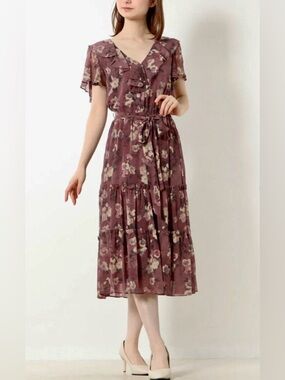 Lauren Ralph Lauren Floral Crinkle Georgette Belted Dress Size 14W
